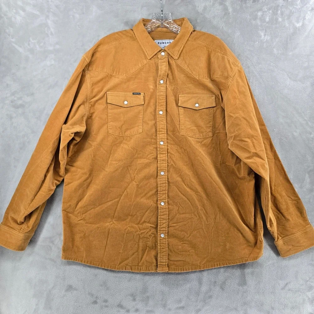 Poncho Corduroy Shirt Men XXL Camel Western Pearl Snap Regular Fit Long Sleeve - Picture 3 of 6